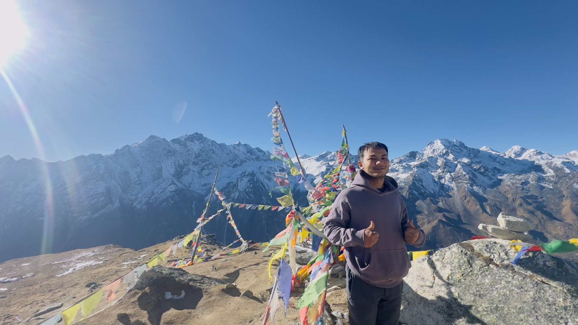 Himalayan summit with prayer flags